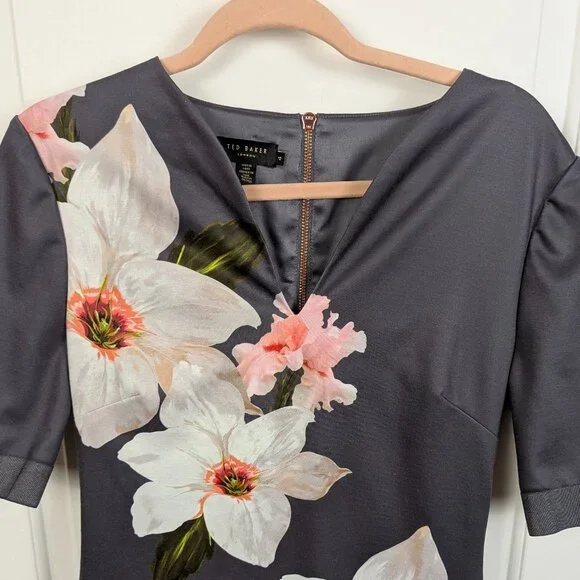 Ted Baker | Gray Floral Belted Sheath Midi Dress Size 4 - Picture 10 of 13